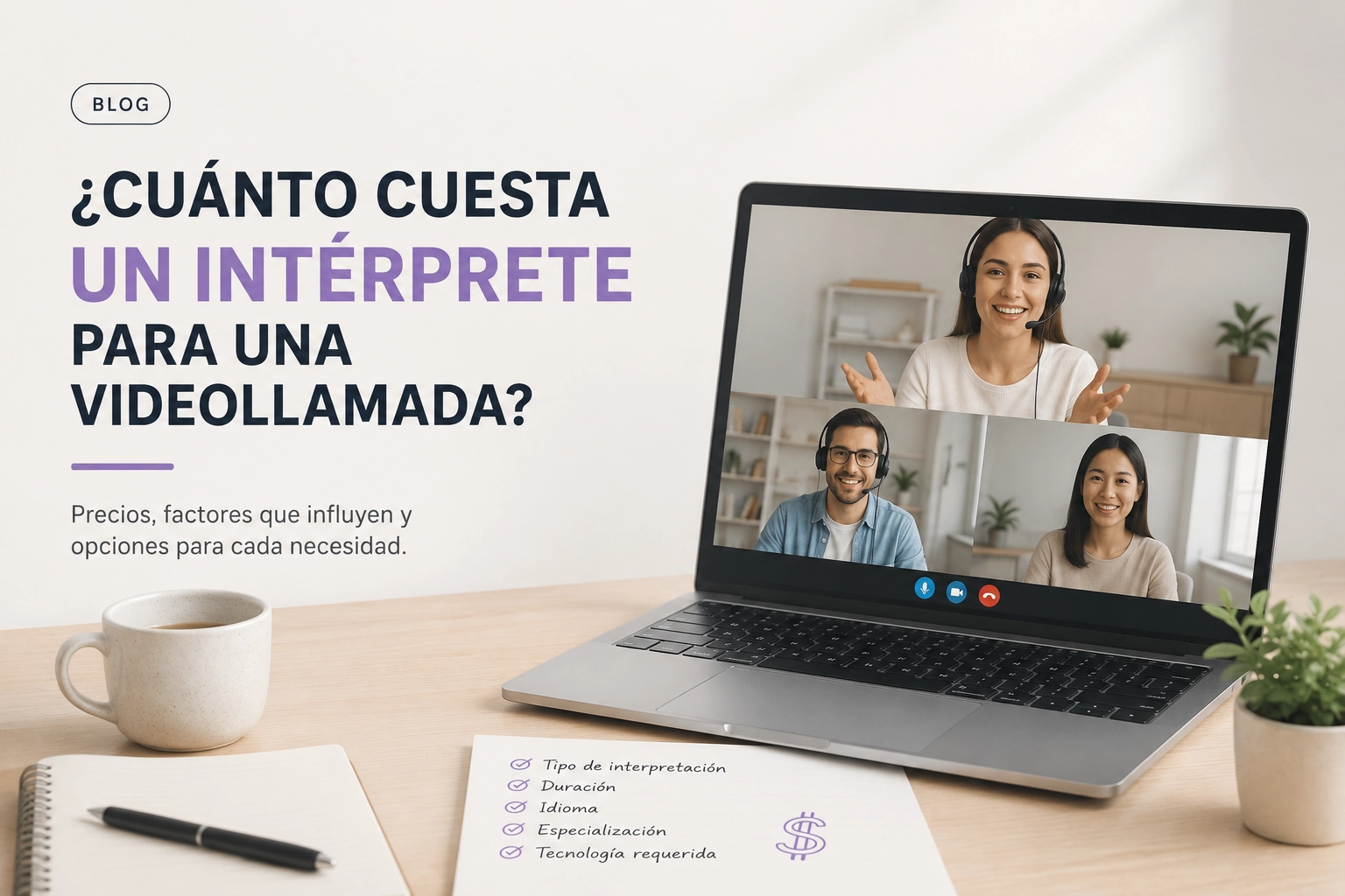 A video meeting beside a worksheet of variables for estimating remote interpreting costs.