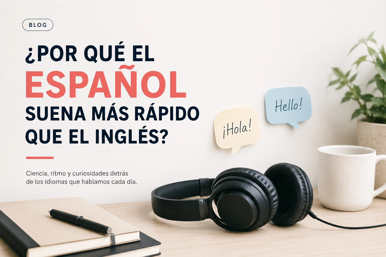 Headphones on a desk alongside speech bubbles saying "¡Hola!" and "Hello!".