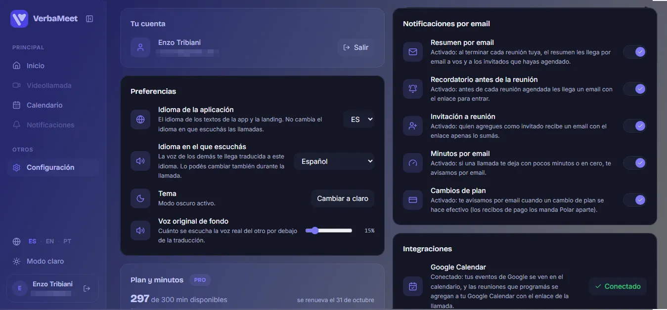 VerbaMeet settings for automatic email summaries, reminders, and Google Calendar integration.